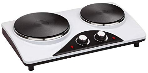 Hornillo doble de placas con control de temperatura, superficie fácil de limpiar, ideal para cocinar en casa o para uso camping.