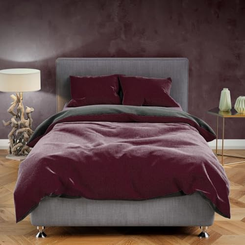 Leonado Vicenti Teddyplüsch Bettwäsche 155x220 cm Cashmere Touch Warme Winter Uni Bettbezug Deckenbezug Kissenbezug Anthrazit Bordeaux 2 teilig