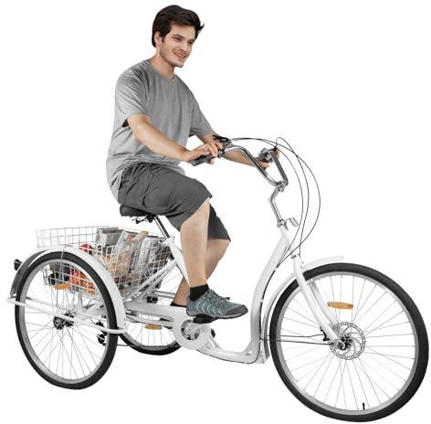 Susoso 26 Zoll 6 Gang Dreirad, Erwachsenendreirad Fahrrad mit Einkaufskorb City Einkauffahrrad Bike Damenfahrrad für Städte Weiß