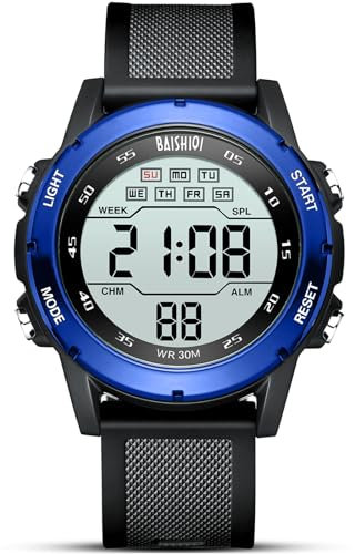 BAISHIOI Montre Numérique pour Hommes - Style Military Sport Classic - Étanche 30M - LED - Alarme - Chrono - Calendrier - Silicone Bleu Noir - 46mm
