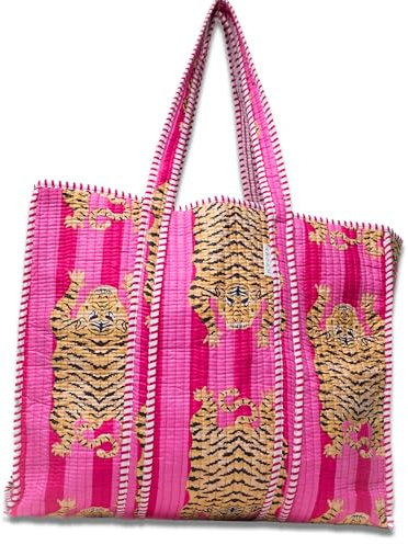 IBOAH Bolsa de Mano Grande Acolchada Artesanal de Algodón con Estampado de Tigres y Detalles en Rayas – Tote Bag Versátil para Playa, Compras, Viajes, Avión y Uso Diario (Rosa Tigres)