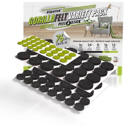 Slipstick Gorilla Felt Furniture Pads (76 Piece Variety Pack) Premium Furniture Pads & Chair Leg Floor Protectors for Hardwood Floors & Hard Surfaces
