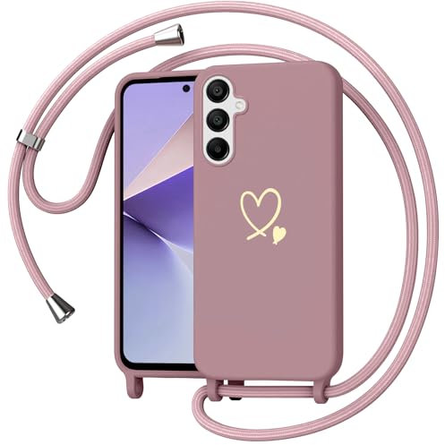 Yichxu Funda para Samsung Galaxy A56 5G con Cuerda, Carcasa Suave TPU Líquida Silicona, Patrón de Corazón, Ajustable Correa de Cuello Cadena Cordón Antigolpes Cover, Rosa