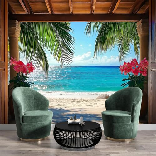 JSCWDET 3D Wooden Porch Mural Wallpaper - Ocean Palm Leaves,Stereo Effect for Bedroom, Office, Living Room, Kitchen - Not Peel and Stick,300 × 210 cm