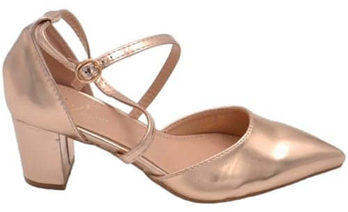 Scarpa Decollete Donna a Punta Satinato Oro Rosa Tacco Largo 3 cm Basso Cinturino Incrociato Caviglia Stabile Comodo (39 EU)