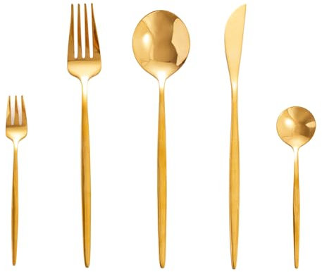 SWISON Juego de cubiertos dorado completas para 6 personas, Set cubertería oro acero inoxidable 30 piezas con cuchillo tenedor y cuchara, Diseñar ligero
