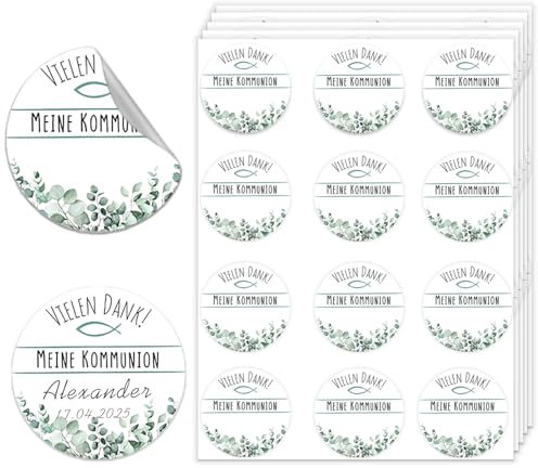 FloraVigo 60 Kommunionaufkleber, selbstklebende Aufkleber, Dankeschön-Aufkleber, je 4 cm & Eukalyptusblätter-Muster, Meine Kommunion-Aufkleber, geeignet zur Kommunion-Deko