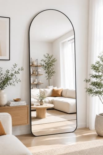 Large Arched Full Length Mirror 165 cm x 60 cm, Aluminium Frame, Wall Mounted or Standing Floor Mirror for Bedroom, Hallway & Living Room - Gold or Black (Black)