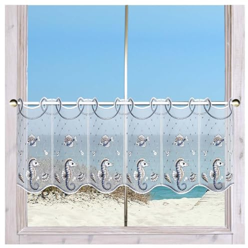 Maritime Scheibengardine Meereszauber Seepferdchen und Fische | Zauberhaftes Unterwasser-Flair als Fensterdekoration für Zuhause | Vogtländische Spitzenstickerei auf Sablé Höhe x Breite 55 x 64 cm