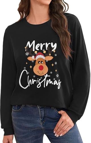 Terecey Sweatshirt de Noël Femme Motif Renne Manches Longues | Imprimé Merry Christmas, Coupe Décontractée, Idée Cadeau pour les Fêtes et Tenue Confortable en Hiver