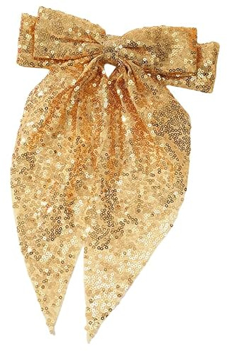 WANYI Fermaglio Capelli Donna Fiocco Mollette Capelli Fiocco con Paillettes Eleganti Hair Clip con Coda Lunga Accessorio per Donne e Ragazze(Oro)