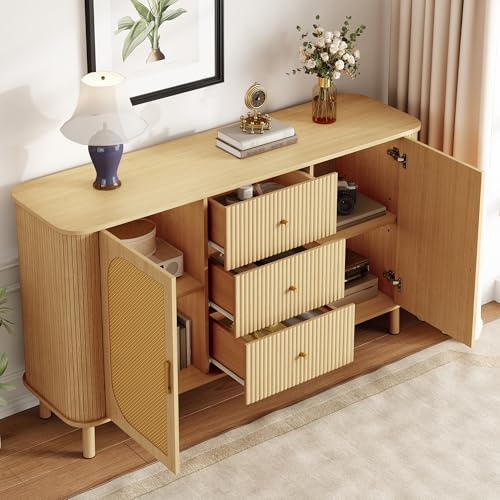 BENMWS Sideboard Holzoptik,80 x140 cm Modernes Design mit Schubladen, Regalen und Metallbeinen, vielseitiges Wohnzimmermöbelstück