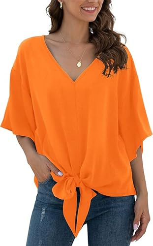 YGJIEGENG Women Tops Summer Blouses for Ladies UK Chiffon Tunic Casual Elegant Batwing Sleeve V Neck Office Shirts, Light Orange M