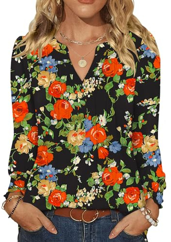 Rapbin Damen Bluse Langarm Oberteile Elegant Tops V Ausschnitt Lässige Blusenshirt Casual Shirt Herbst Tunika
