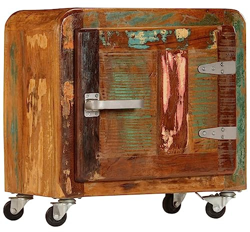 mtlskopl Nachttisch 50x30x50 cm aus massivem Altholz mit 4 Rollen, Vintage-Design, poliert und lackiert für Schlafzimmer Wohnzimmer und Gästezimmer