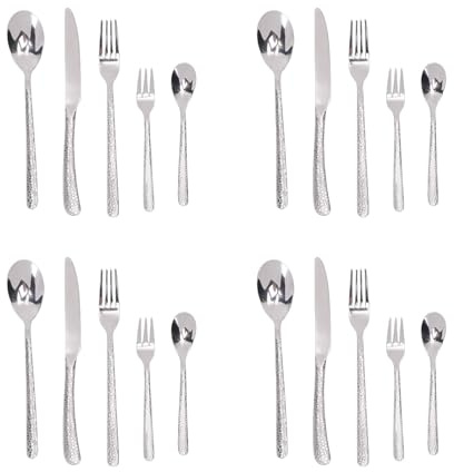 Greensen 4 Pièces Set de Couverts en Acier Inoxydable, Fourchettes à Dîner Couteaux à Steak Cuillères Fourchettes à Salade Cuillères à Café, Lavable au Lave-Vaisselle Martelé Poli avec (SILVER)