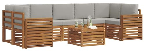 vidaXL Sofagarnituren 8 pcs Natürlich und Hellgrau Massivholz Akazie, Elegantes Garten-Sofa, modernes Lounge-Set für draußen, langlebige Terrasse, gemütliche Sitzmöbel