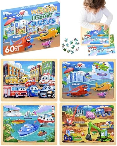 SAYHALO Holzpuzzle Kinder 4er Set 60 Teile – Holz Puzzle ab 3 Jahre mit Fahrzeug Motiven (Auto, Flugzeug, Schiff, Baufahrzeuge), Lernspielzeug für Jungen Mädchen, Geschenk Spielzeug Kinder