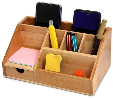 Joyeee Organisateur de Bureau Bois, Organiseur Bureau Boite rangement, Porte Stylo, Range Document Bureau Boîte de Rangement Compartimentée Facile à Assembler Maison et École