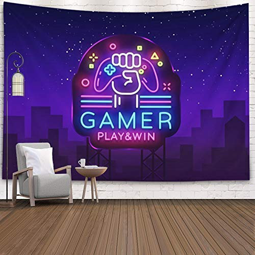 Crannel Neon-Schild mit Oster-Gamer-Spiel-Logo, Vorlage, Spielabend, moderner Trend, Lichtbanner, Tapisserie, 203 x 152 cm, Wandkunst, Wandteppich, zum Aufhängen, Wohnheim, dekorativ, lila, schwarz, 8