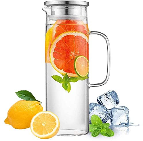 HwaGui Carafe eau Verre, Carafe d'eau de Borosilicate Couvercle en Acier Inoxydable pour jus, Pichet à Eau 1L
