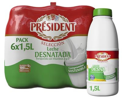 Leche Président Desnatada Botella 1,5L – Pack de 9 litros