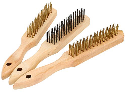 com-four® Cepillo de Alambre Manual 3X - Cepillo de Acero con Mango de Madera - Cepillo de Alambre para mecanizar Metal, Madera y Acero (3 Piezas - Mango de Madera)