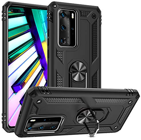 NALIA Ring Handyhülle kompatibel mit Huawei P40 Pro Hülle, Kratzfeste Schutzhülle mit 360° Finger-Halter, Dünnes Silikon Cover Innen & Hardcase, Slim Case für magnetische KFZ-Halterung, Farbe:Schwarz
