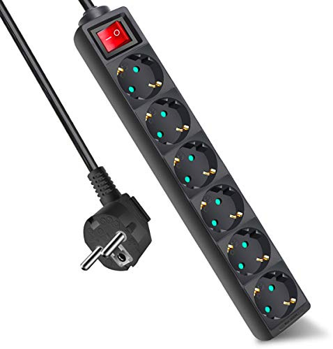 EXTRASTAR 6 Fach Steckdosenleiste mit Schalter & Kindersicherung, 3m Kabel | Mehrfachsteckdose mit Kindersicherung 3G1.5mm², 16A, 3680W, für Zuhause, Büro, Schwarz