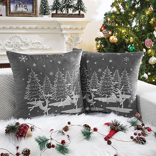 Lewondr Weihnachten Kissenbezüge 2 Stück, 45 * 45cm gestickte Schneeflocken Rentier Xmas Baum Schnee Winter Kissenbezug Samt dekorative quadratische Kissenbezug für Sofa Couch, Grau