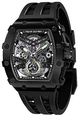 TSAR BOMBA Montre de Luxe pour Homme Montres automatiques Homme Étanche à 50 m Mouvement mécanique Japonais Tonneau Boîtier en Acier Inoxydable Verre Saphir Montre Visage Cool Unique Mode Cadeau