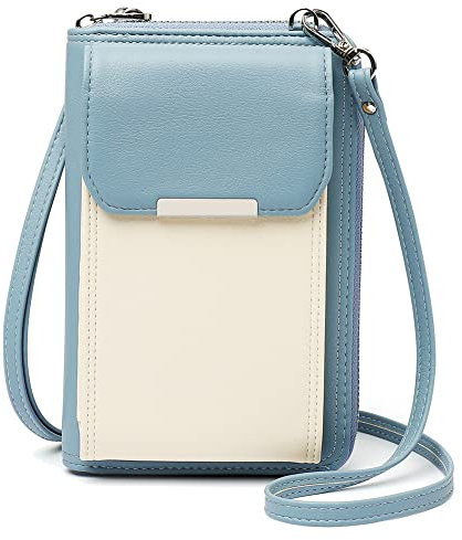 Aeeque Geldbörse mit Handytasche zum Umhängen,Handy Umhängetasche Damen 16 Kartenfächer Silber Reißverschluss, Mini Tasche PU Leder Crossbody für Reisen,Umhängetasche Handy unter 7 Zoll - Beige Blau