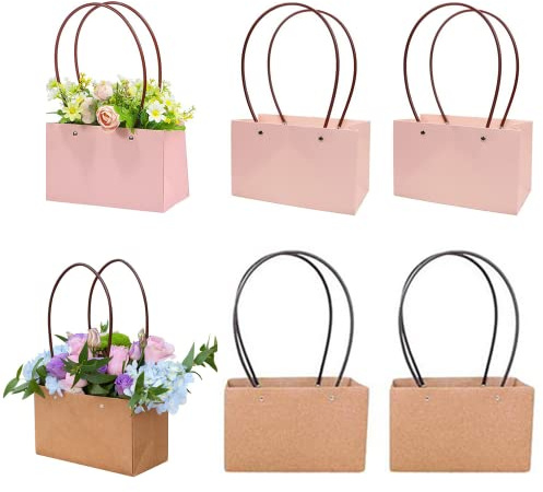 6 Pcs Kraft Paper Flower Gift Bags Bouquet Bags Box with Handle Waterproof Bouquet Gift Box,Rectangle Florist Packaging Wrap for Flowers Tote Bags(Khaki,Pink)