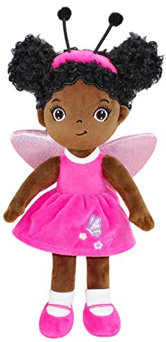 JUSTQUNSEEN Schwarze Puppe Baby Puppe, 30cm Weiche Babypuppe Stoffpuppe Mädchen Geschenke für Baby Mädchen, Puppe ab 1 2 3 Jahr, Fee Puppe Puppe für Baby Baby Puppe ab 1 2 3 Jahr