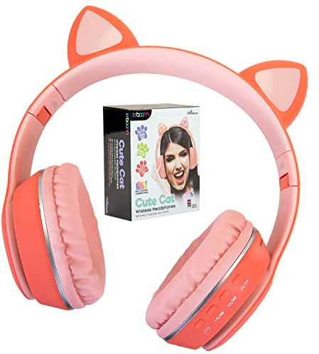 VFM - Pink Cat Wireless Headphones Cute Pastel Ears, Padded & Foldable - Boom