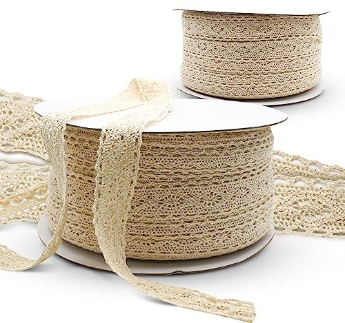 DOJA Barcelona | Spitzenband | 100m Rolle | Baumwolle | Blumen | Spitzenborte Vintage | Spitzenstoff | Band zum Dekorieren von Teetassen, Vasen, Einladungen, Weihnachtsdekorationen, Hochzeitskerzen