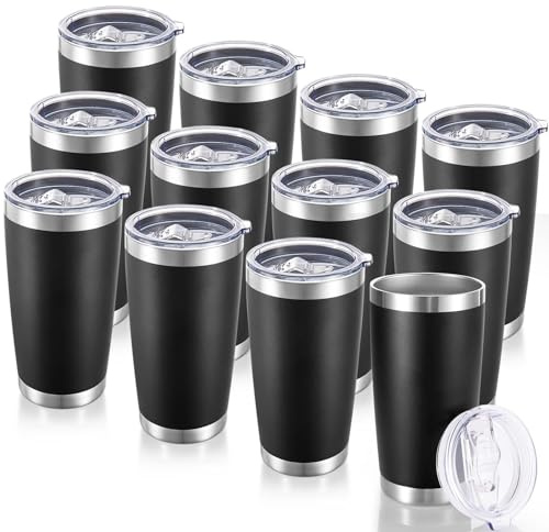 20 oz Tumblers Bulk Stainless Steel Tumbler with Lid Double Wall Vacuum Insulated Coffee Mug 20oz Powder Coated Cup for Hot and Cold Drinks, Black, 12 pack
