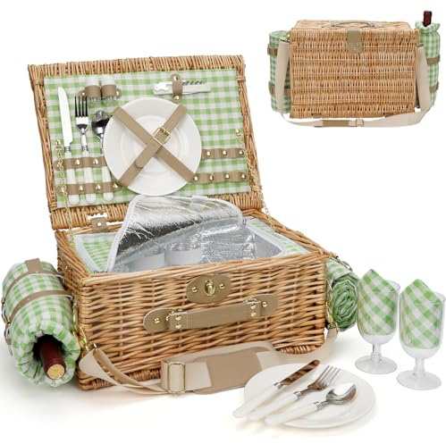 Picknickkorb für 2, isolierte Weiden-Picknickkörbe mit Schultergurt, Picknickkorb mit wasserdichter Picknickdecke, handgefertigter Weidenkorb für Outdoor-Camping, grün kariert