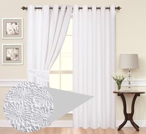 Embossed Eyelet Ringtop Curtains Cushions Matching Astra White Floral Non Iron (66wide x 54drop)