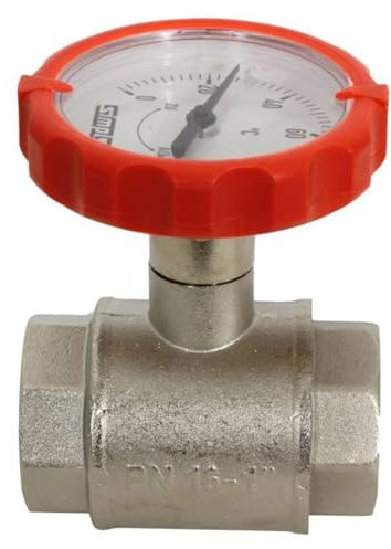 Muffen-Kugelhahn PN 16, G 1 1/4 Zoll mit rundem Thermometergriff (rot, Ø 63 mm)