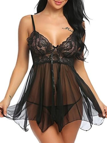Bunanphy Women Sexy Babydoll Lace Lingerie Nightgown Dress Nightwear Night Dress Black #A 12-14