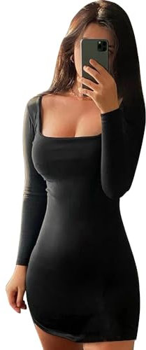 QKEPCY Vestidos Corto Manga Larga Mujer Vestidos de Fiesta Mujer Elegantes Mini Vestido de Cuello en U Vestido Corto Delgado Elástico con Corte Bajo Dress Slim Fit para Club Bar Noche Cita