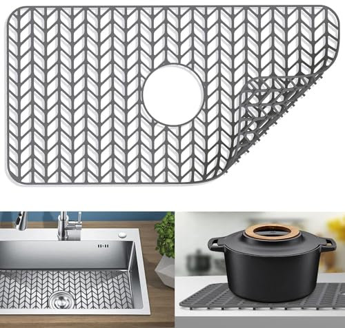 FOSFUKEER Tappetino in silicone per lavello da cucina, pieghevole, resistente al calore e antiscivolo, Adatto per lavelli da cucina in acciaio inox (grigio, foro di drenaggio intermedio 66*35cm)