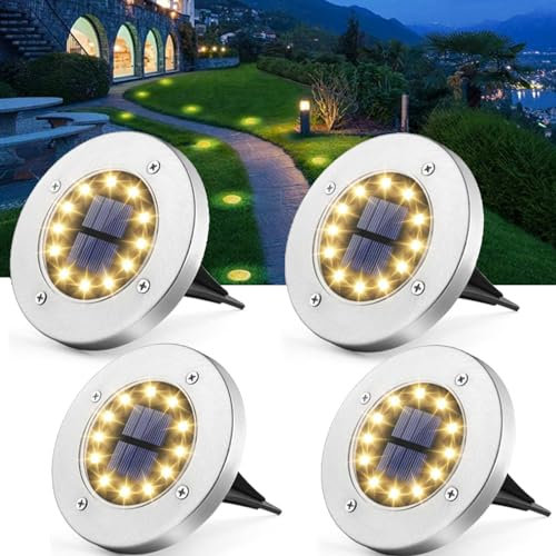 Solar Bodenleuchten, 12 LEDS Solarleuchten Solarlampen Gartenleuchten IP65 Wasserdicht Garten Landschaft Weißes Licht Beleuchtung Edelstahl Außenleuchte für Rasen, Patio, Hof, -4 Stück