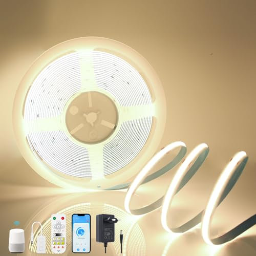 Yamlten 12V COB LED Streifen 4000k Middium Weiß,Dimmable LED strip mit RF Fernbedienung/Smart App Steuerung,320 LEDs/M für Küche,Badezimmer,Schlafzimmer DIY LED Band 5m.