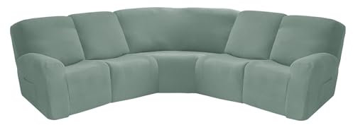 7-Teilige Ruhesessel Bezüge, Stretch Jacquard 5-Sitzer-Ecksofa Relaxsessel Bezüge, Sofabezug Ecksofa L Form Sofa Überzug Universal Couchbezug, Dicker Weicher Möbelschutz (Hell Grün,Jacquard)