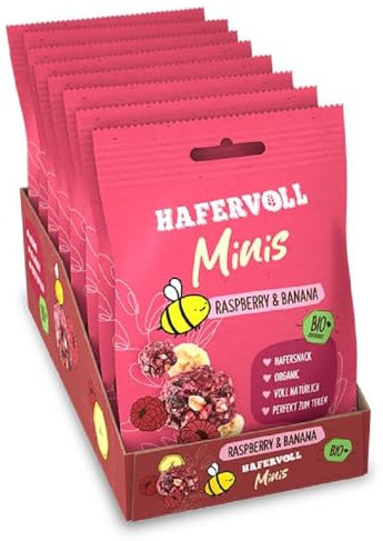 HAFERVOLL Minis Rapsberry & Banana 8x 65g - Bio-zertifiziert, mit Honig ohne Zusatz von Zucker, perfekt zum Teilen