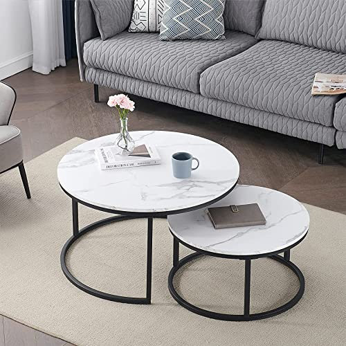 DEYARNA HOME Rund Satztische Couchtisch 2er Set, Moderner Nesting-Tisch mit Stabilem Metallgestell, Geeignet für Wohnzimmer, Balkon, Büro, Groß: 60 * 60 * 45cm; Klein: 40 * 40 * 35cm (Weiß/Schwarz)