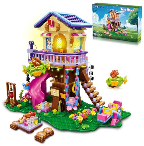 CUBIMANA - Juego de construcción de Casas en el árbol con luz LED - 618 Piezas de Bloques de construcción de Casas en el árbol, con tobogán y Pegatinas, Regalo para niñas y niños