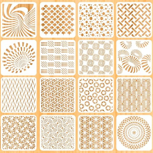 Schablonen-Set zum Zeichnen und Malen, wiederverwendbare Kunststoff-Schablonen für Holz, Wand und Möbel, DIY-Dekoration, 15,2 x 15,2 cm, 16-teilig